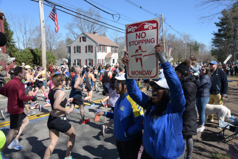 Photo of spectators encouraging runners during the Boston Marathon 2025