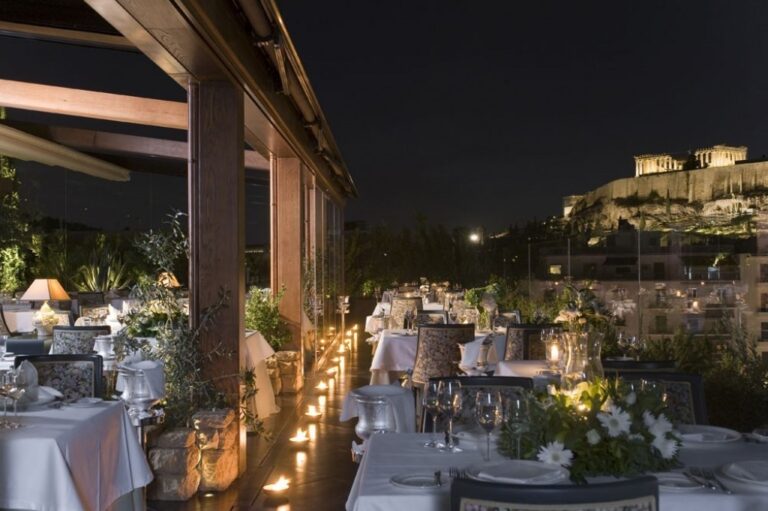 Outside terrace at the Royal Olympic Hotel, one of the hotels on offer at the Athens Marathon 2024