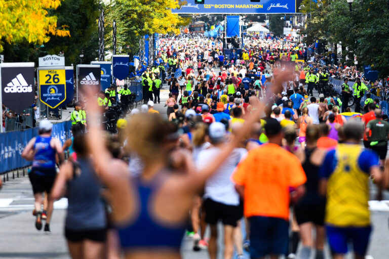 Photo of runners heading towards the finish of the Boston Marathon 2025