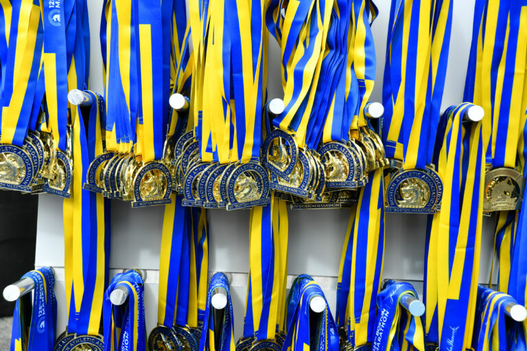Photo of medals on offer for completing the Boston Marathon 2025