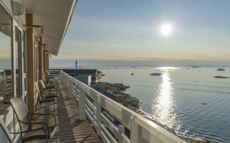 Terrace views at the Hotel Hvide Falk, hotel option for the Icefjord Midnight Marathon