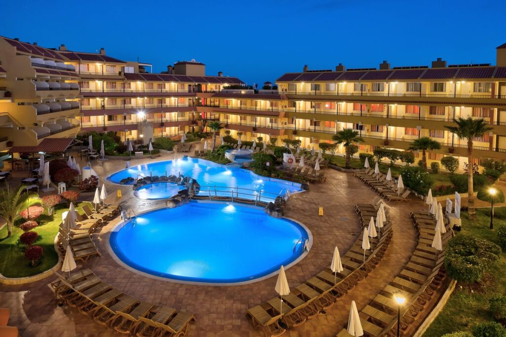 Pool area at night at the Tenerife Top Training complex
