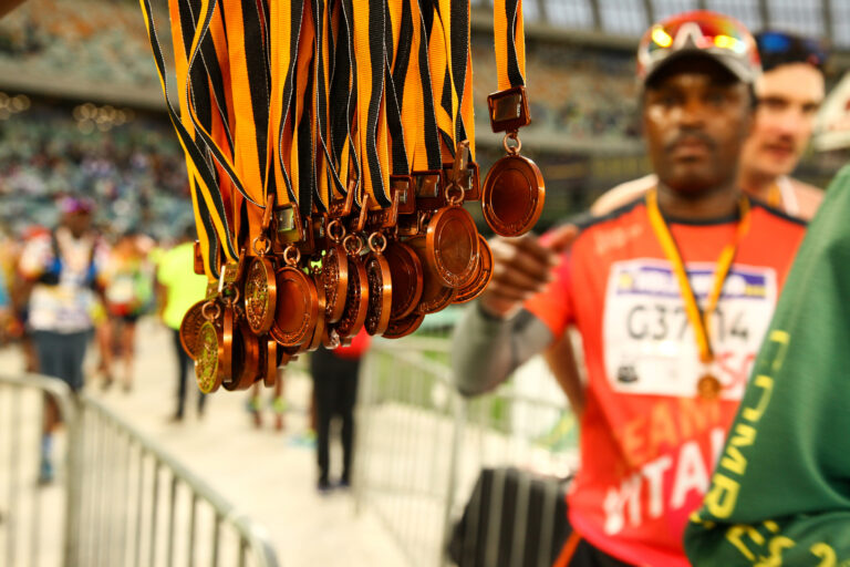 Photo of medals on offer to runners, similar to those available for finishing the Comrades Marathon 2025
