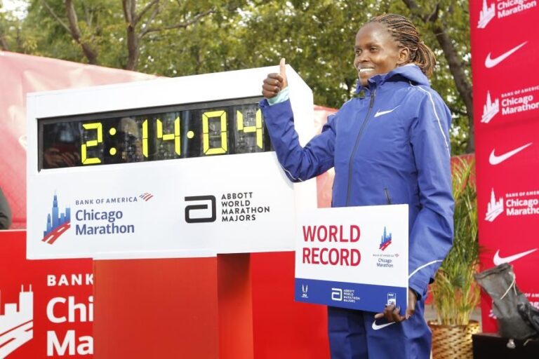 Picture of women's world record marathon runner outside the Chicago Marathon 2024